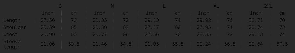 4iir Crystal Lava Hoodie size chart showing length, shoulder, chest, and sleeve measurements in inches and centimeters.
