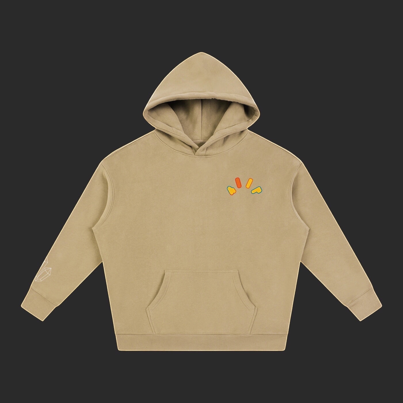 4iir Crystal Lava hoodie in beige with a small colorful graphic on the chest and a crystal print on the sleeve.