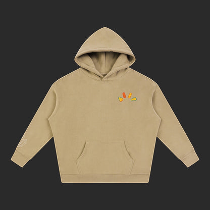 4iir Crystal Lava hoodie in beige with a small colorful graphic on the chest and a crystal print on the sleeve.