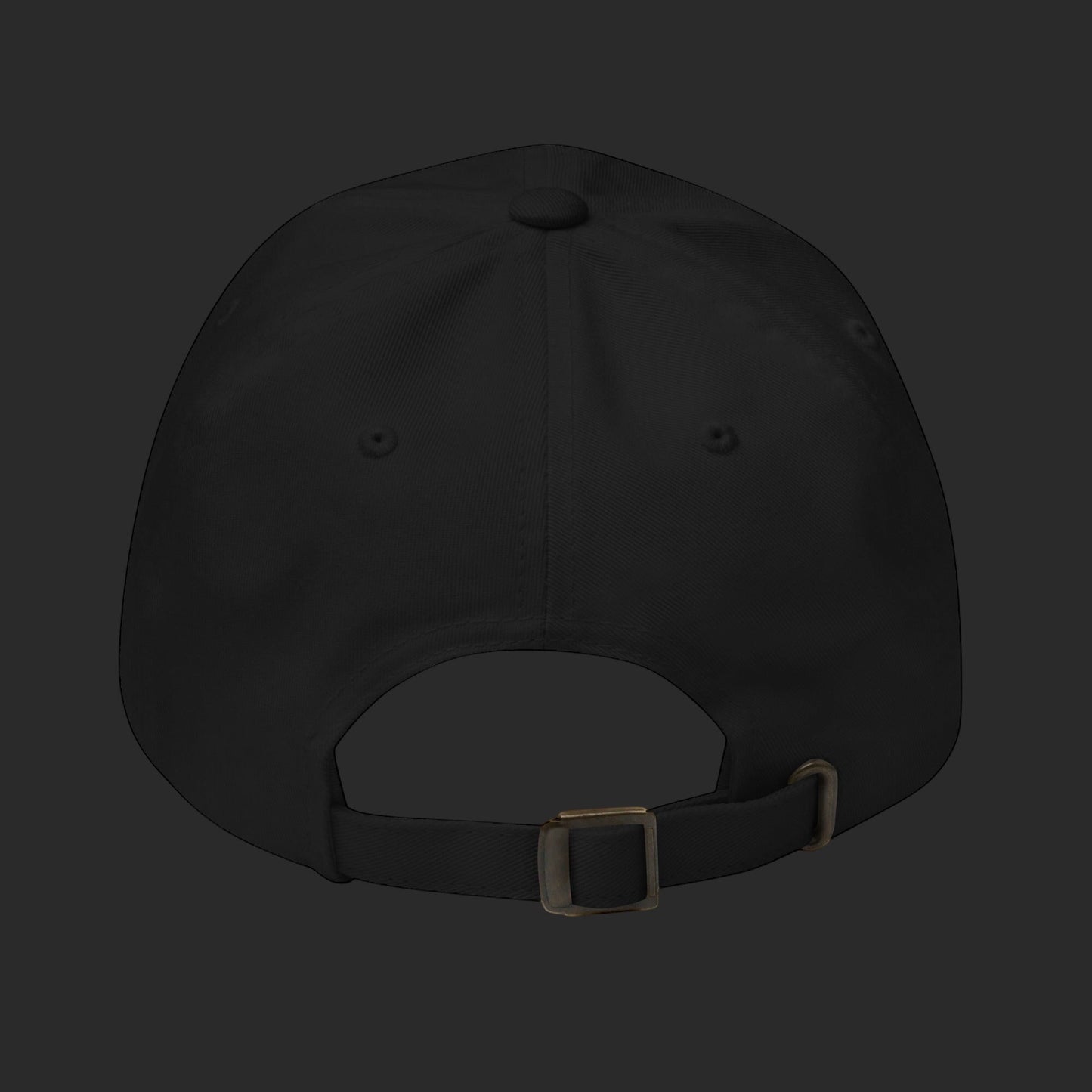 4iir Normie Cap in black chino cotton twill with an adjustable strap and antique buckle, back view.