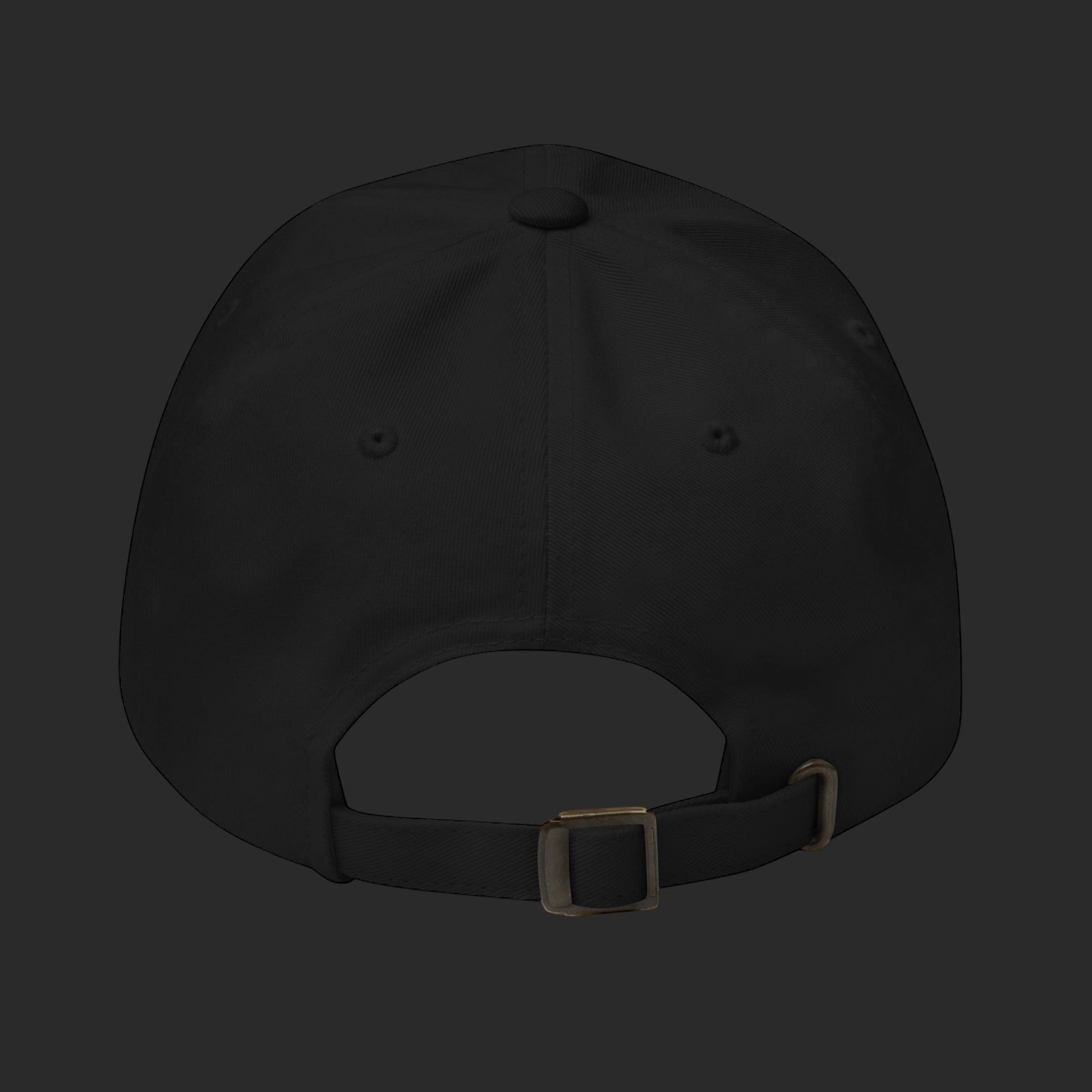 4iir Normie Cap in black chino cotton twill with an adjustable strap and antique buckle, back view.