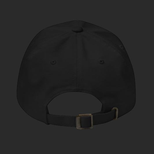 4iir Normie Cap in black chino cotton twill with an adjustable strap and antique buckle, back view.