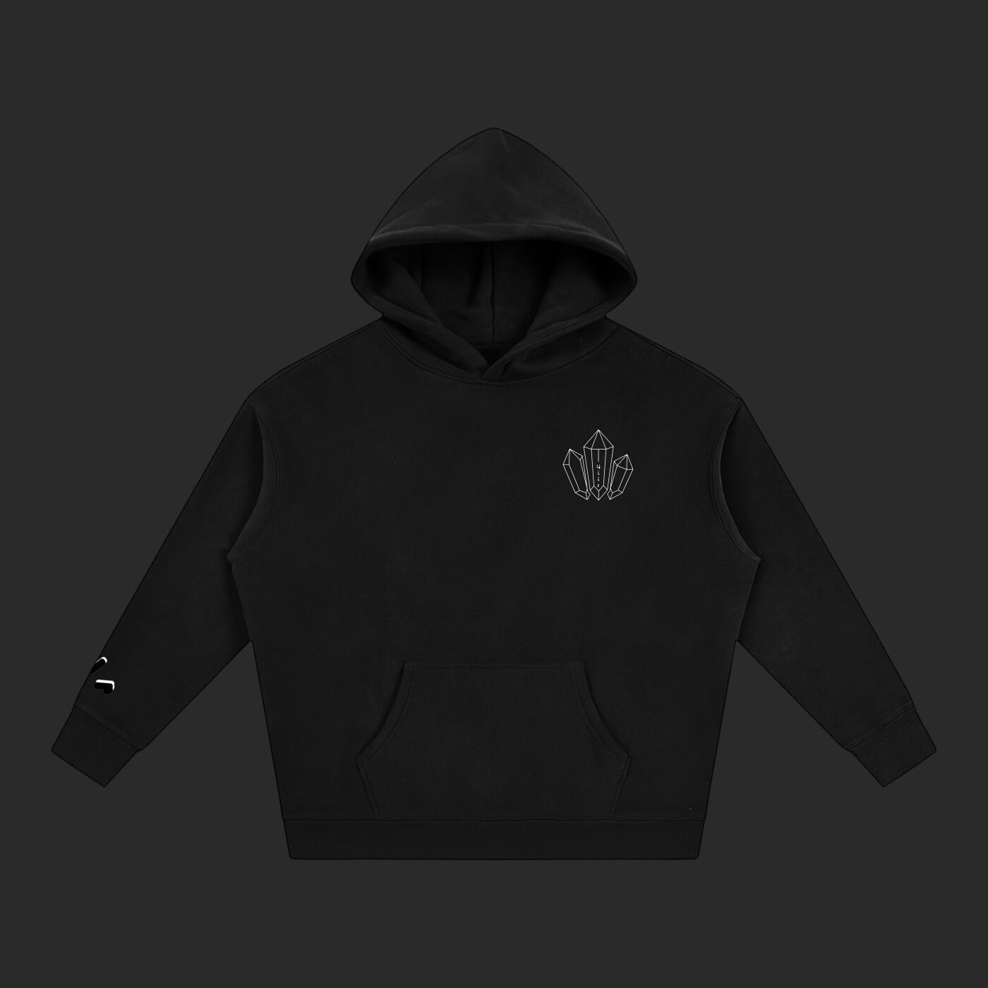4iir black heavyweight cotton-blend hoodie featuring a small white crystal graphic on the chest and sleeve detail.