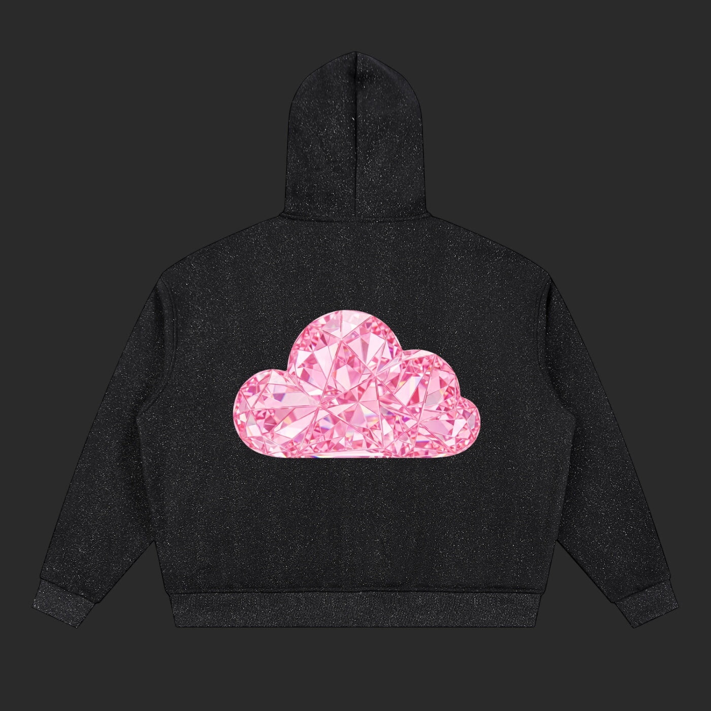 4iir black pullover hoodie featuring a large pink diamond-inspired cloud graphic on the back