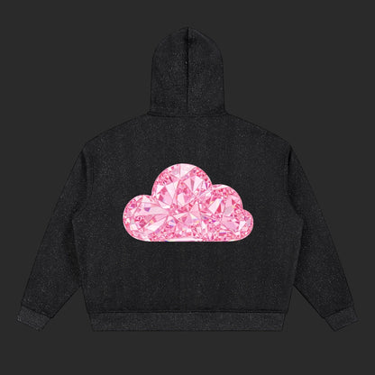 4iir black pullover hoodie featuring a large pink diamond-inspired cloud graphic on the back