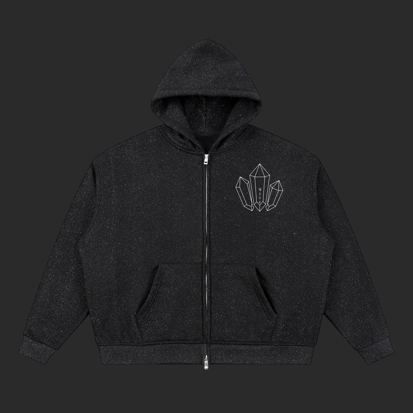 4iir black zip-up hoodie featuring a white diamond graphic on the chest and a subtle speckled fabric texture.