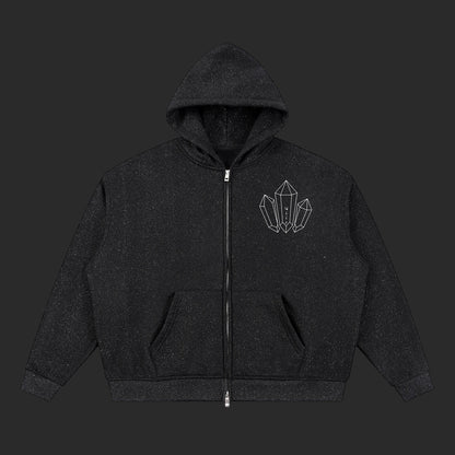 4iir black zip-up hoodie featuring a white diamond graphic on the chest and a subtle speckled fabric texture.