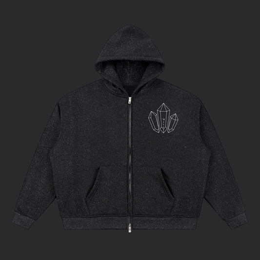 4iir black zip-up hoodie featuring a white diamond graphic on the chest and a subtle speckled fabric texture.