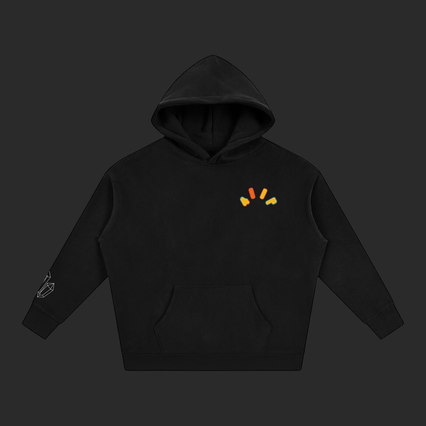 4iir Crystal Lava hoodie in black with a small colorful chest logo and crystal graphic on the sleeve.