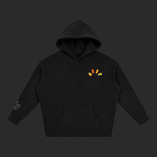 4iir Crystal Lava hoodie in black with a small colorful chest logo and crystal graphic on the sleeve.