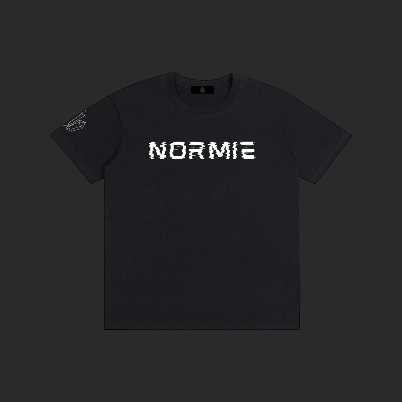 4iir black 100% cotton Normie T-shirt with white glitch-style text on the chest and small sleeve graphic.