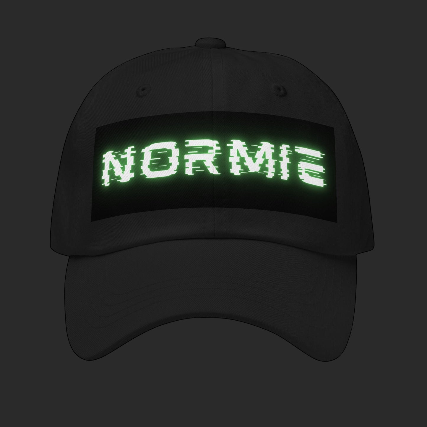 4iir black unstructured chino cotton twill cap with a glowing green glitch-effect NORMIE text graphic