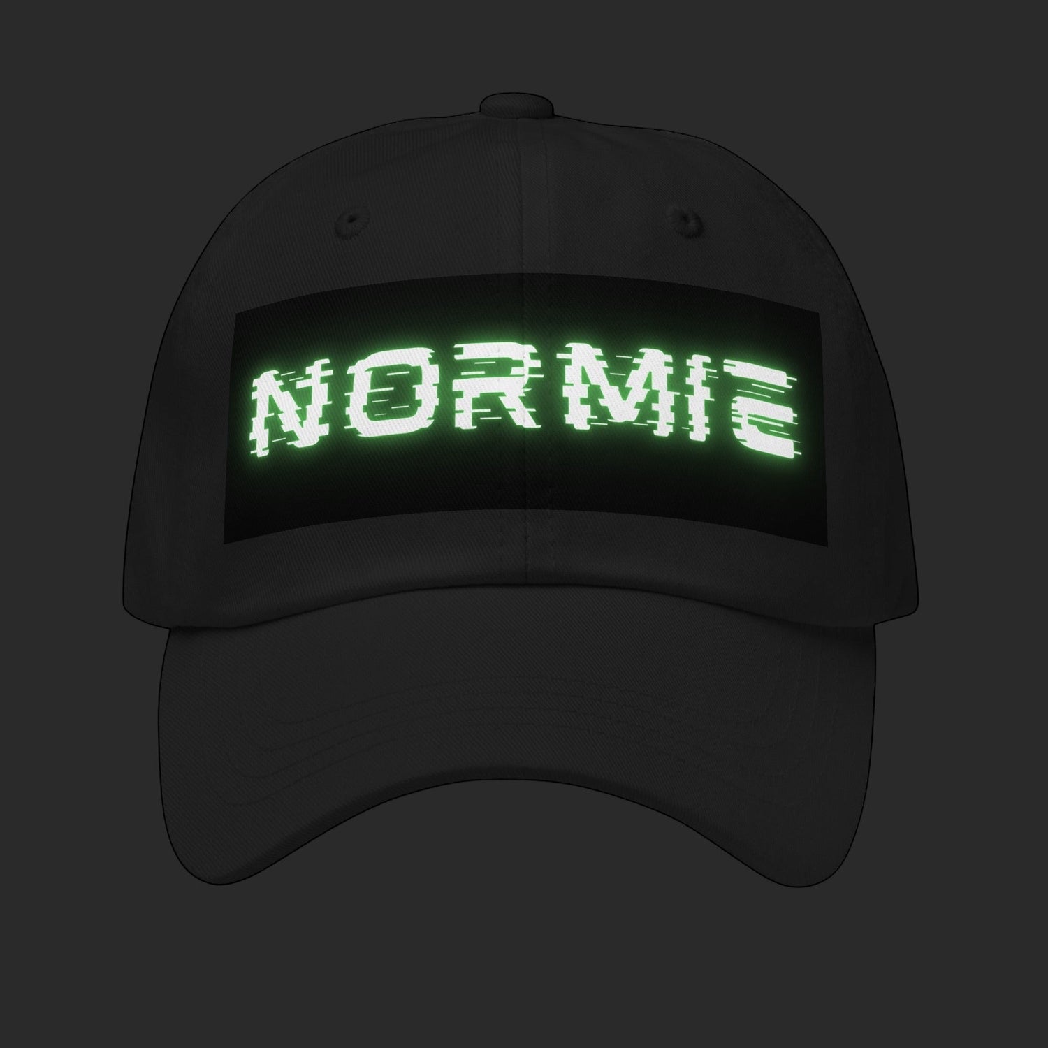 4iir black unstructured chino cotton twill cap with a glowing green glitch-effect NORMIE text graphic