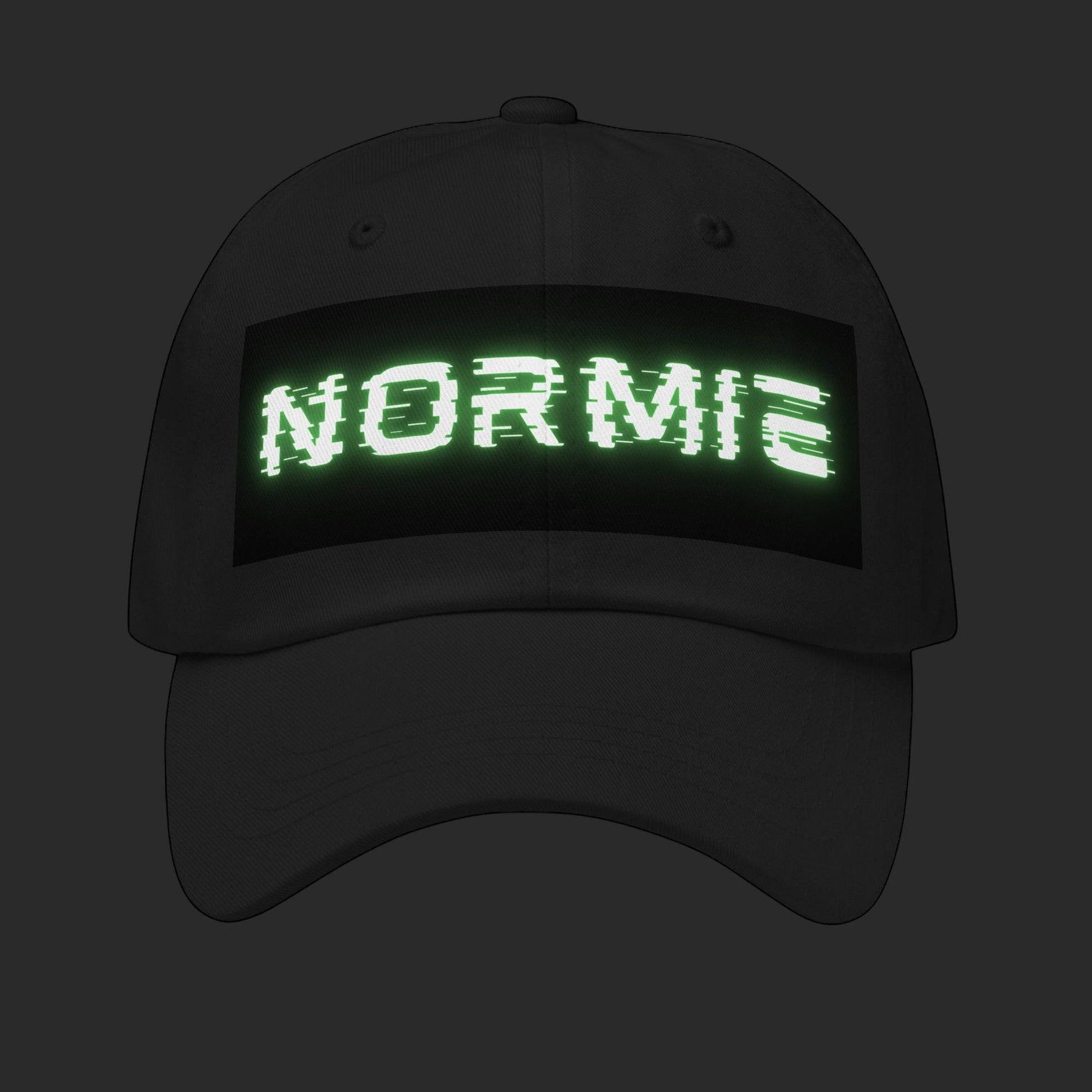 4iir black unstructured chino cotton twill cap with a glowing green glitch-effect NORMIE text graphic