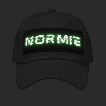4iir black unstructured chino cotton twill cap with a glowing green glitch-effect NORMIE text graphic