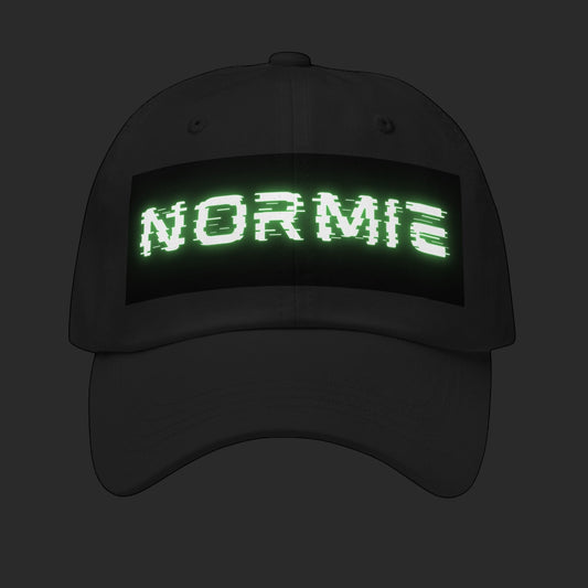 4iir black unstructured chino cotton twill cap with a glowing green glitch-effect NORMIE text graphic