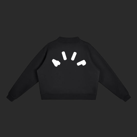 4iir Pink Cloud sweater in black with a white graphic logo on the back, featuring a ribbed collar and cuffs.