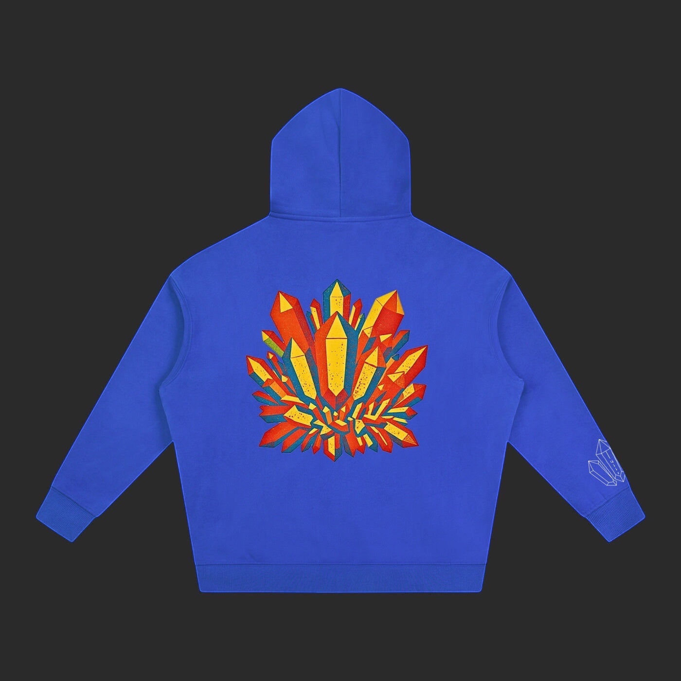 4iir blue Crystal Lava hoodie featuring a vibrant multi-colored crystal graphic on the back and sleeve detail.