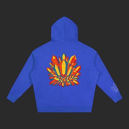 4iir blue Crystal Lava hoodie featuring a vibrant multi-colored crystal graphic on the back and sleeve detail.