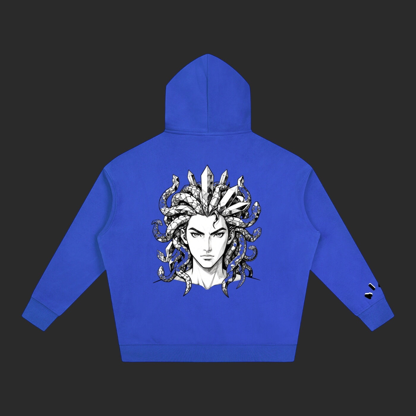 4iir blue Revenge hoodie featuring a detailed black and white Medusa graphic on the back with crystal accents.
