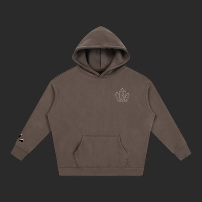 4iir brown heavyweight cotton-blend hoodie with a small white crystal graphic on the chest and sleeve detail.