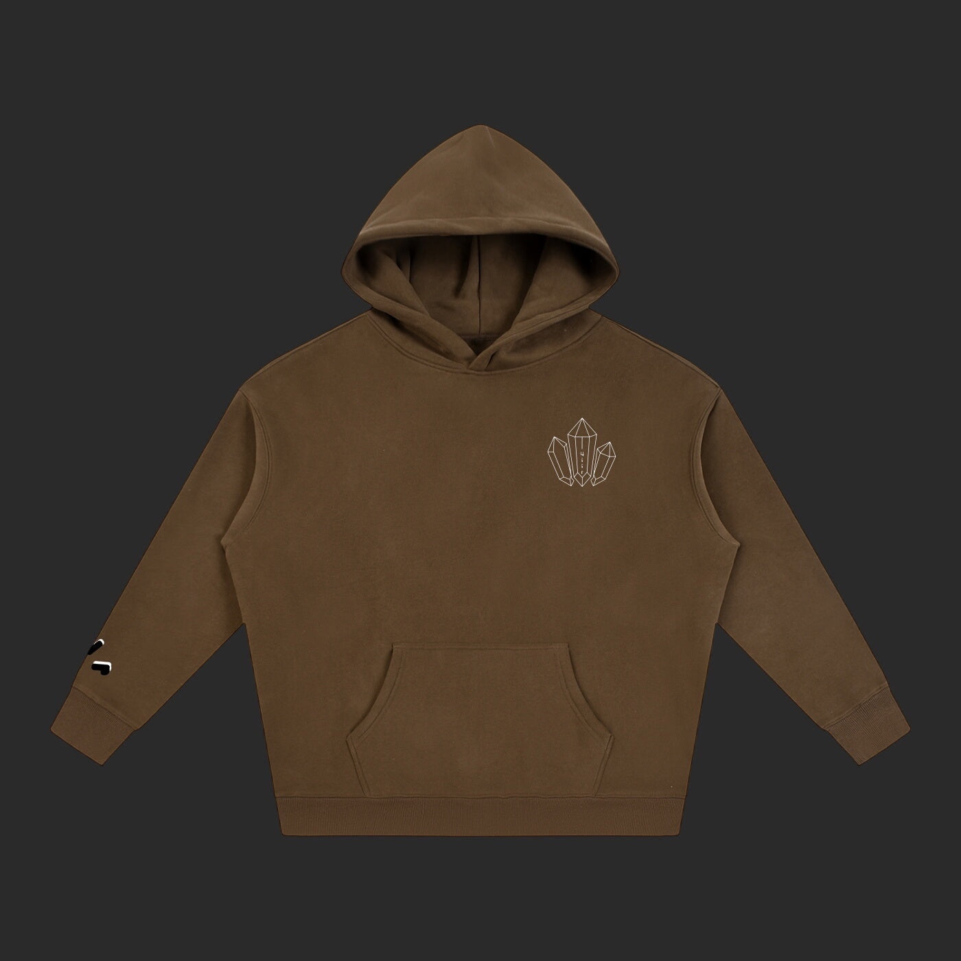 4iir brown heavy cotton blend hoodie with a minimalist white crystal graphic on the chest and sleeve detail.
