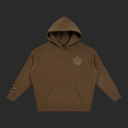 4iir brown heavy cotton blend hoodie with a minimalist white crystal graphic on the chest and sleeve detail.