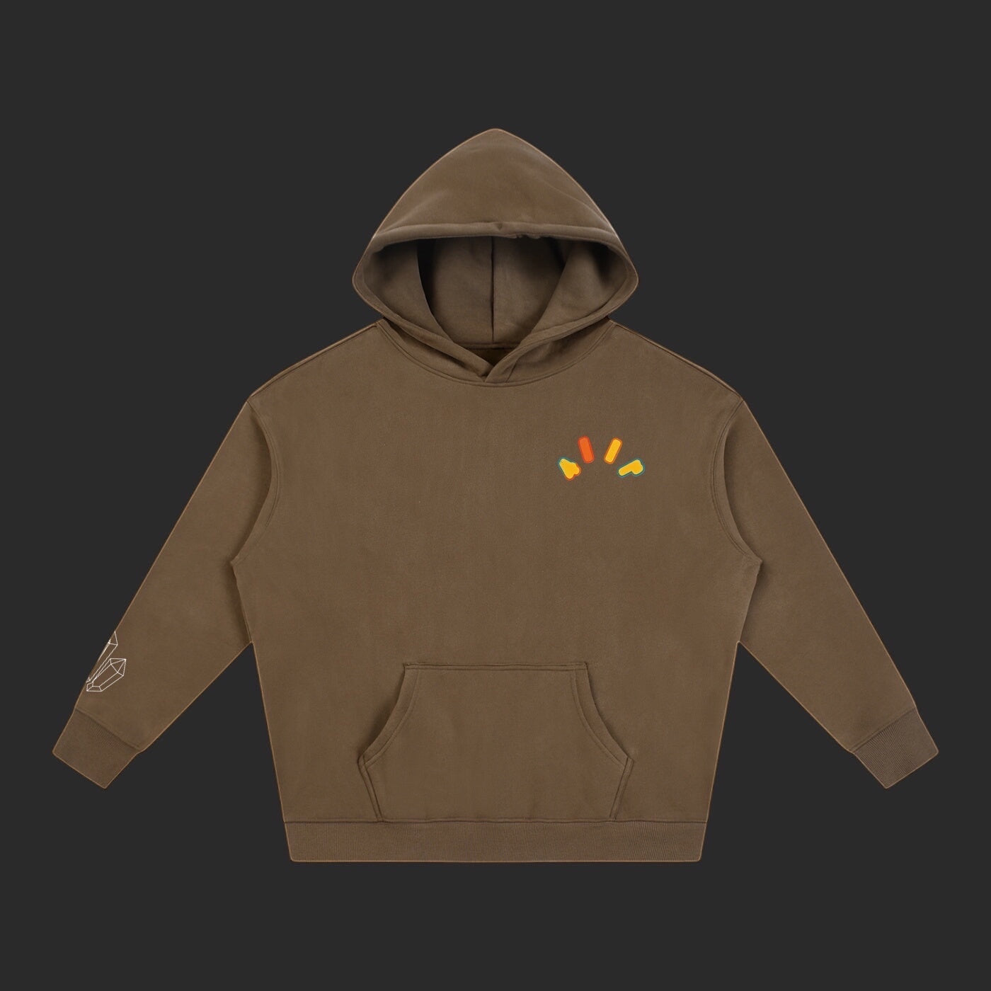 4iir Crystal Lava hoodie in brown with a small colorful graphic on the chest and crystal print on the sleeve.
