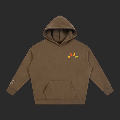 4iir Crystal Lava hoodie in brown with a small colorful graphic on the chest and crystal print on the sleeve.
