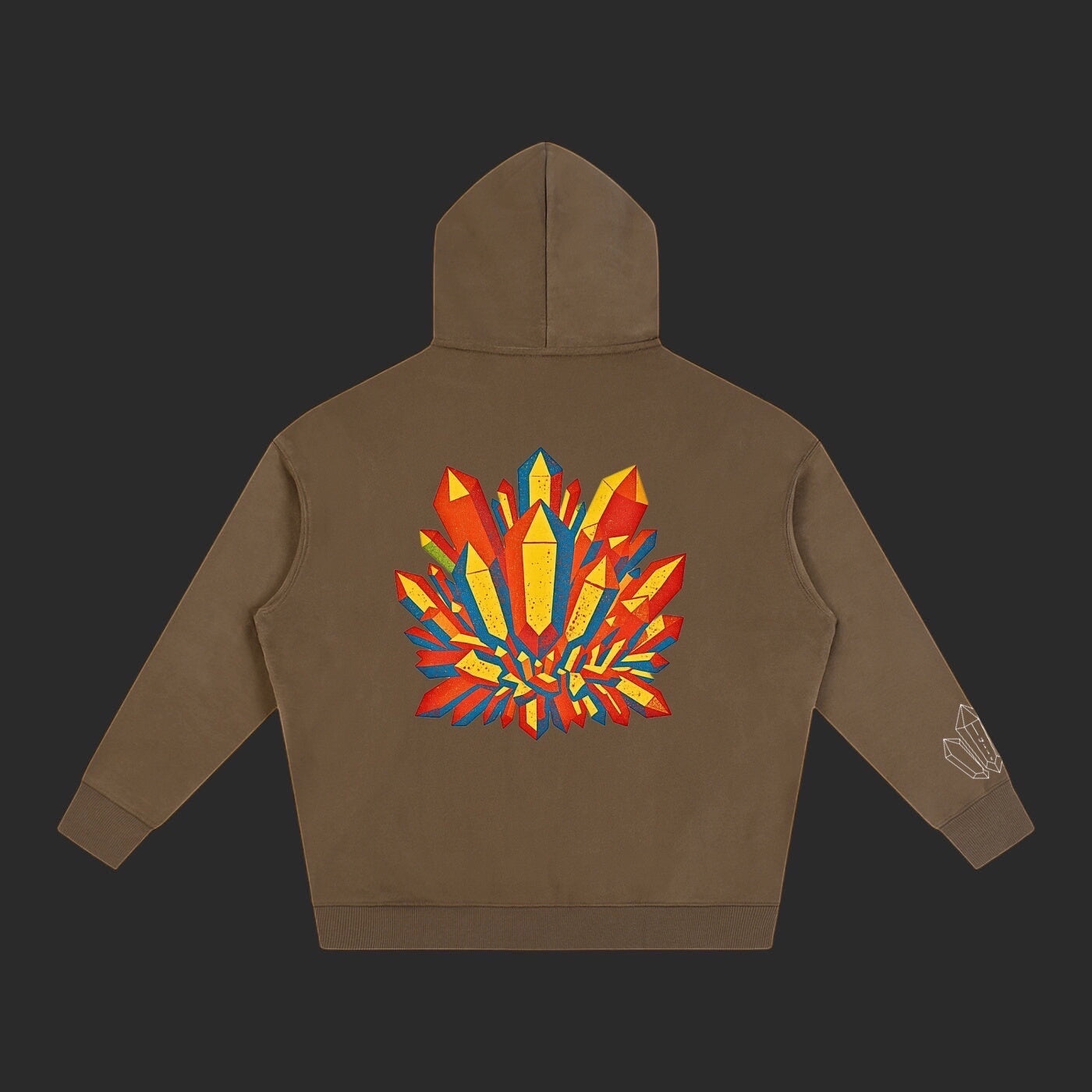 4iir Crystal Lava hoodie in brown with a vibrant red, yellow, and blue crystal graphic on the back.