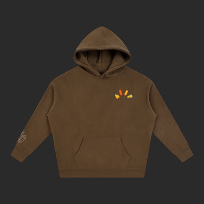 4iir Crystal Lava hoodie in brown with a small colorful graphic on the chest and crystal detail on the sleeve