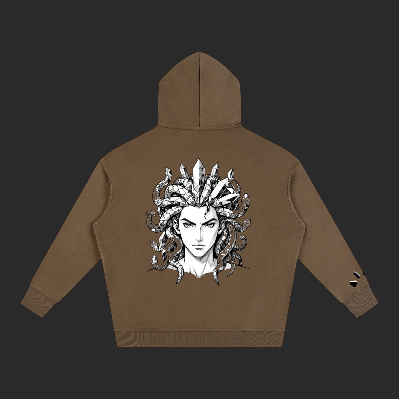 4iir Revenge hoodie in brown featuring a detailed black and white Medusa graphic on the back