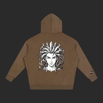 4iir Revenge hoodie in brown featuring a detailed black and white Medusa graphic on the back