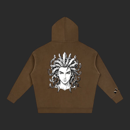 4iir brown Revenge hoodie featuring a detailed black and white Medusa graphic on the back with crystal accents.