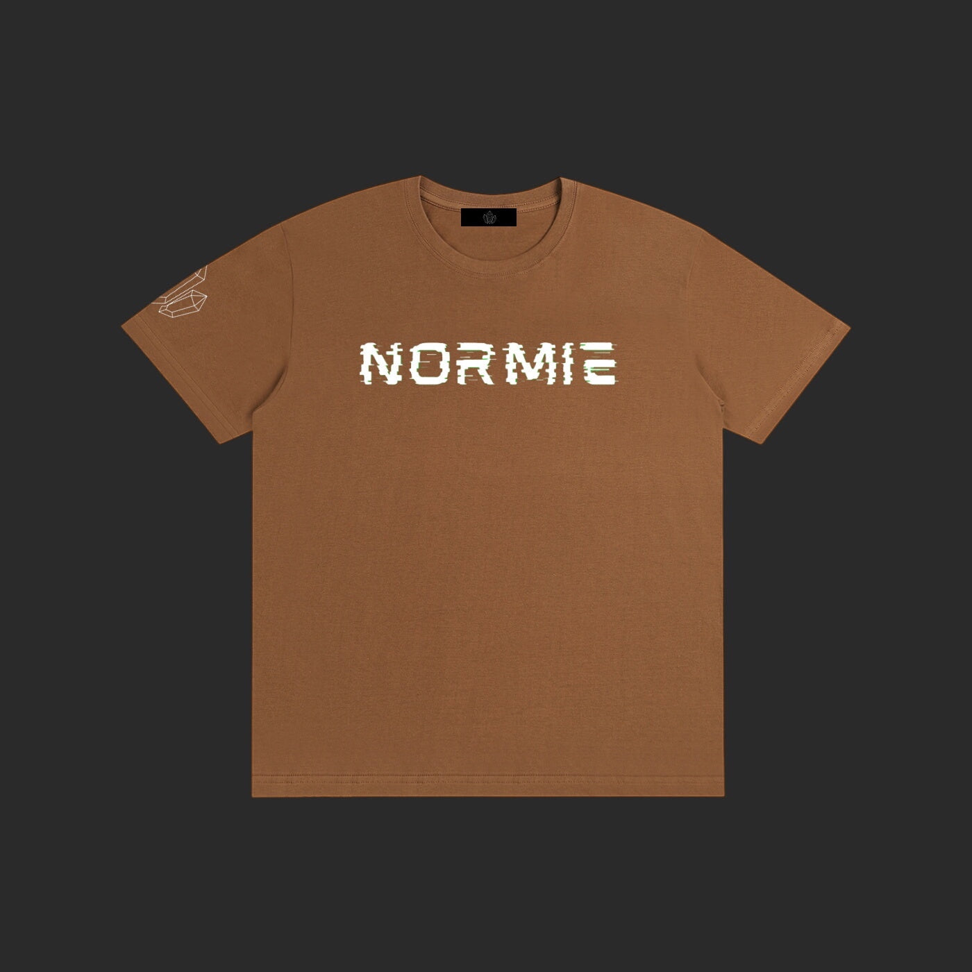 4iir brown 100% cotton Normie T-shirt with white glitch-style text graphic and sleeve detail