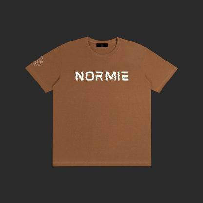 4iir brown 100% cotton Normie T-shirt with white glitch-style text graphic and sleeve detail