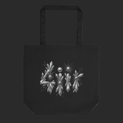 4iir BULLETPROOF black organic cotton tote bag with a metallic crystal graphic design