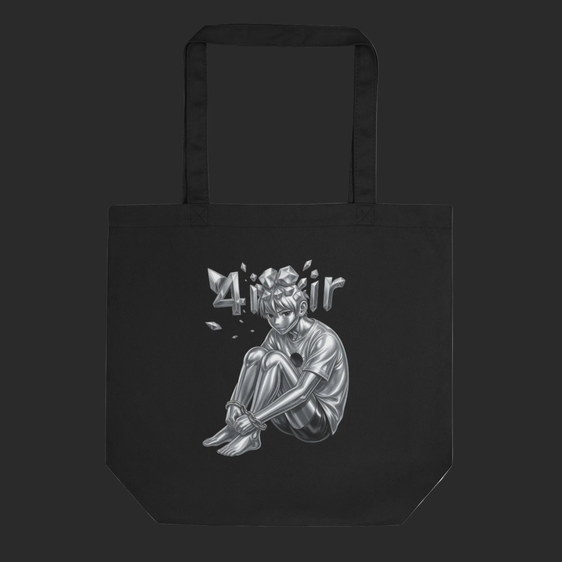 4iir BULLETPROOF black organic cotton tote bag with a metallic silver graphic of a person sitting in chains.