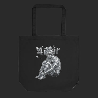 4iir BULLETPROOF black organic cotton tote bag with a metallic silver graphic of a person sitting in chains.
