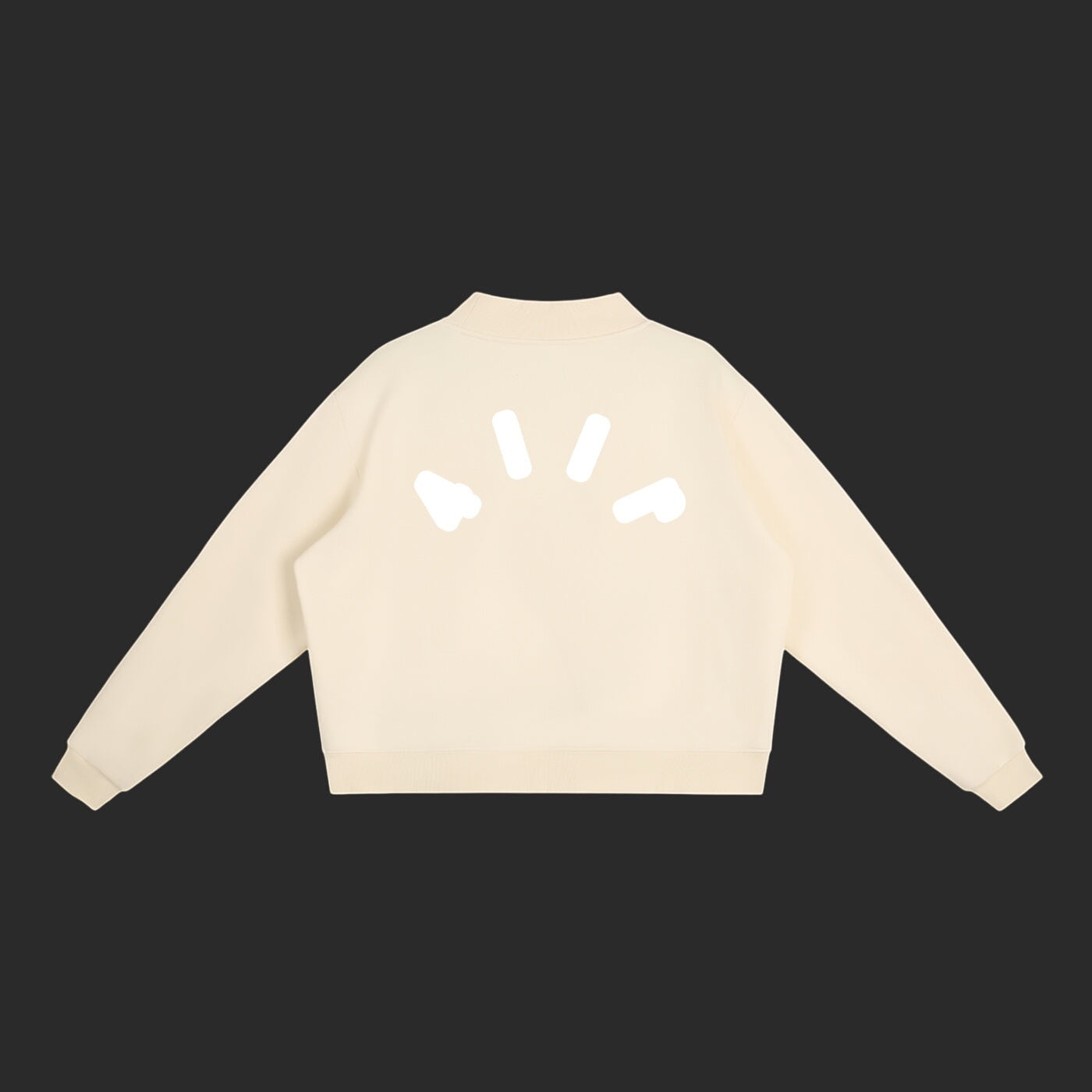 Back view of a 4iir Pink Cloud sweater in cream with a white minimalist logo graphic on the upper back.