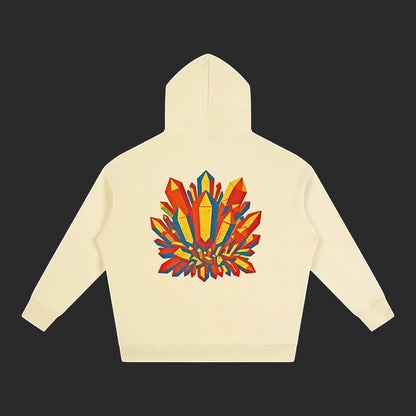 4iir cream hoodie with a vibrant red, yellow, and blue crystal lava graphic print on the back