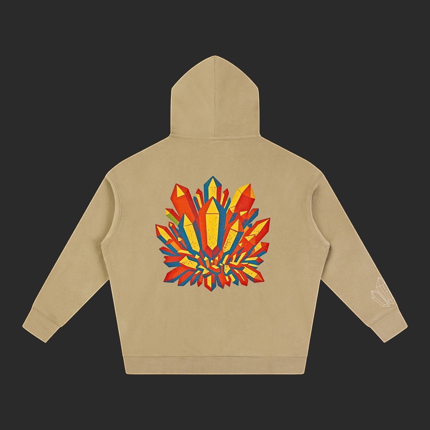 4iir Crystal Lava hoodie in beige with a vibrant red, yellow, and blue crystal graphic on the back.