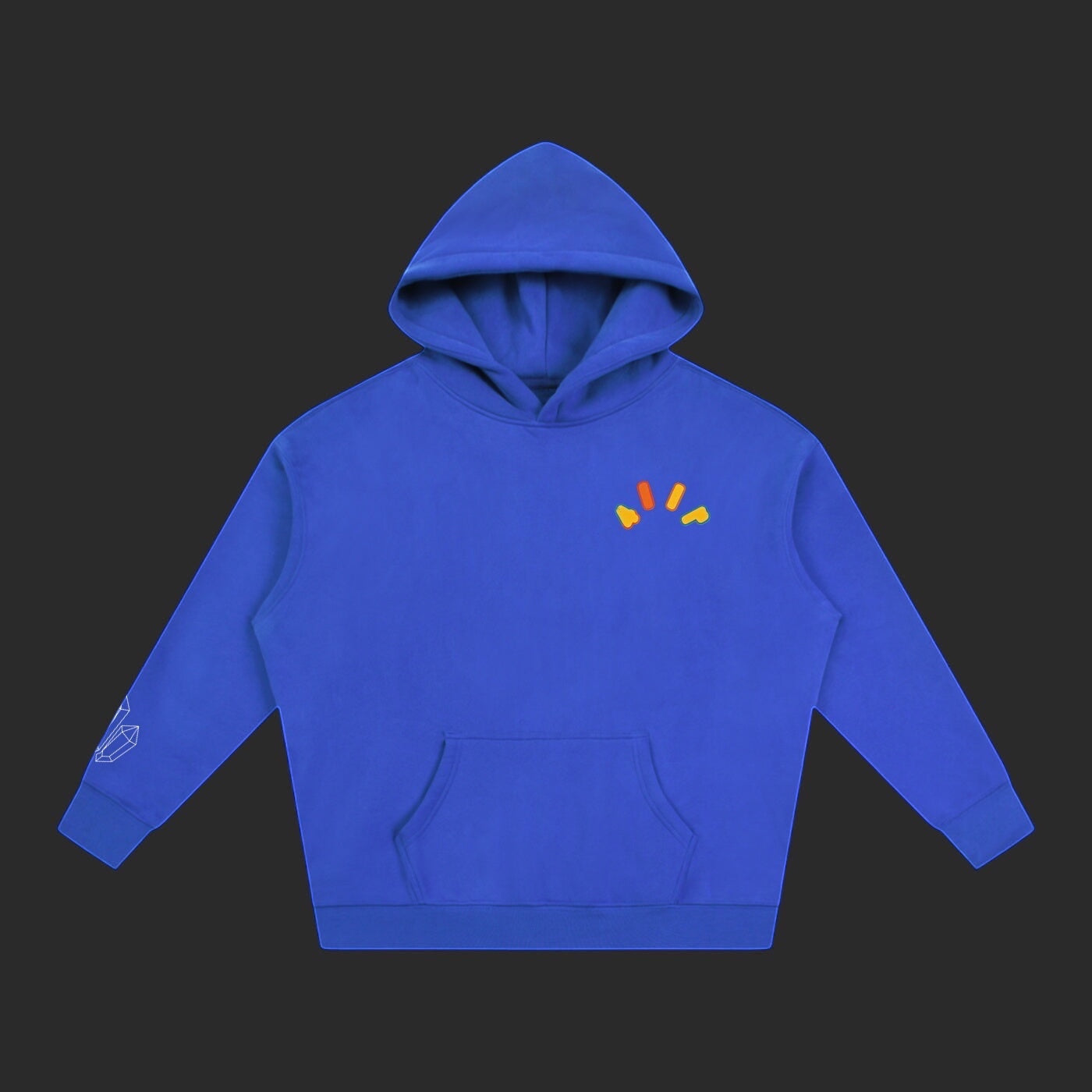 4iir Crystal Lava hoodie in royal blue with a small orange and yellow graphic on the chest and sleeve detail.