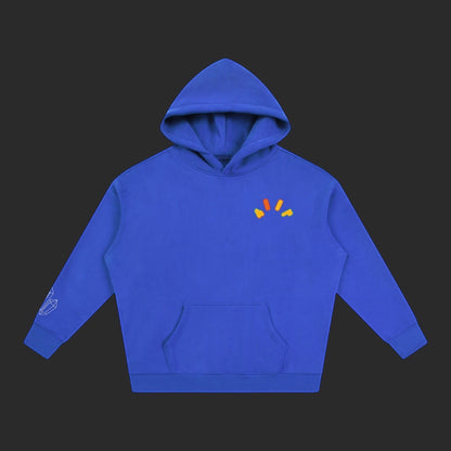 4iir Crystal Lava hoodie in royal blue with a small orange and yellow graphic on the chest and sleeve detail.