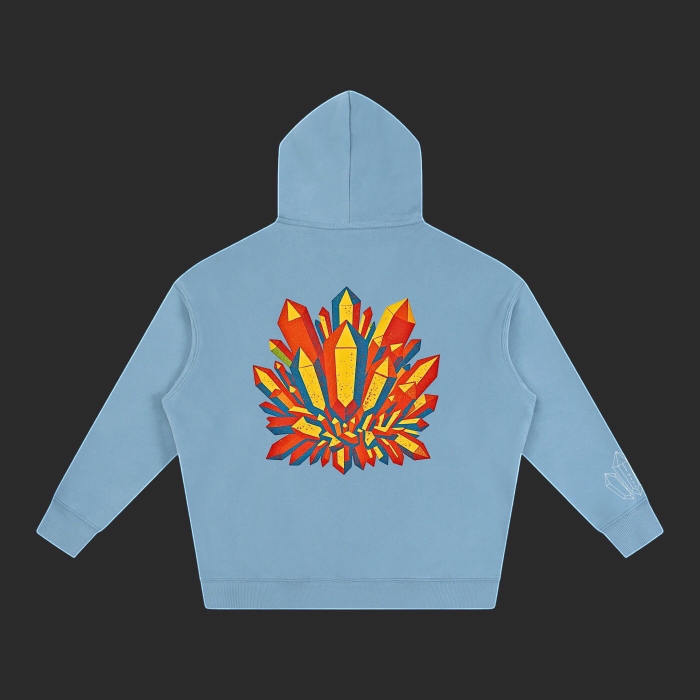 4iir Crystal Lava hoodie in light blue with a vibrant orange and yellow crystal graphic on the back