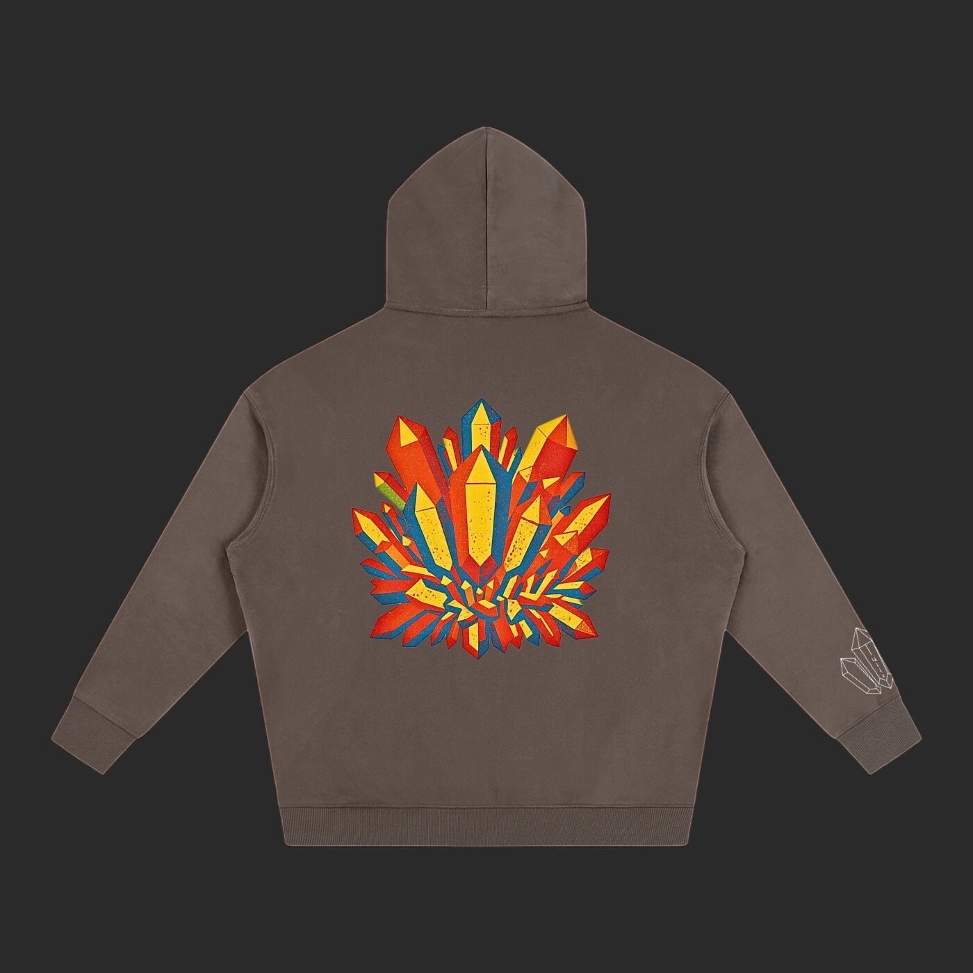 4iir Crystal Lava hoodie in brown with a vibrant red and yellow crystal graphic on the back and sleeve detail.