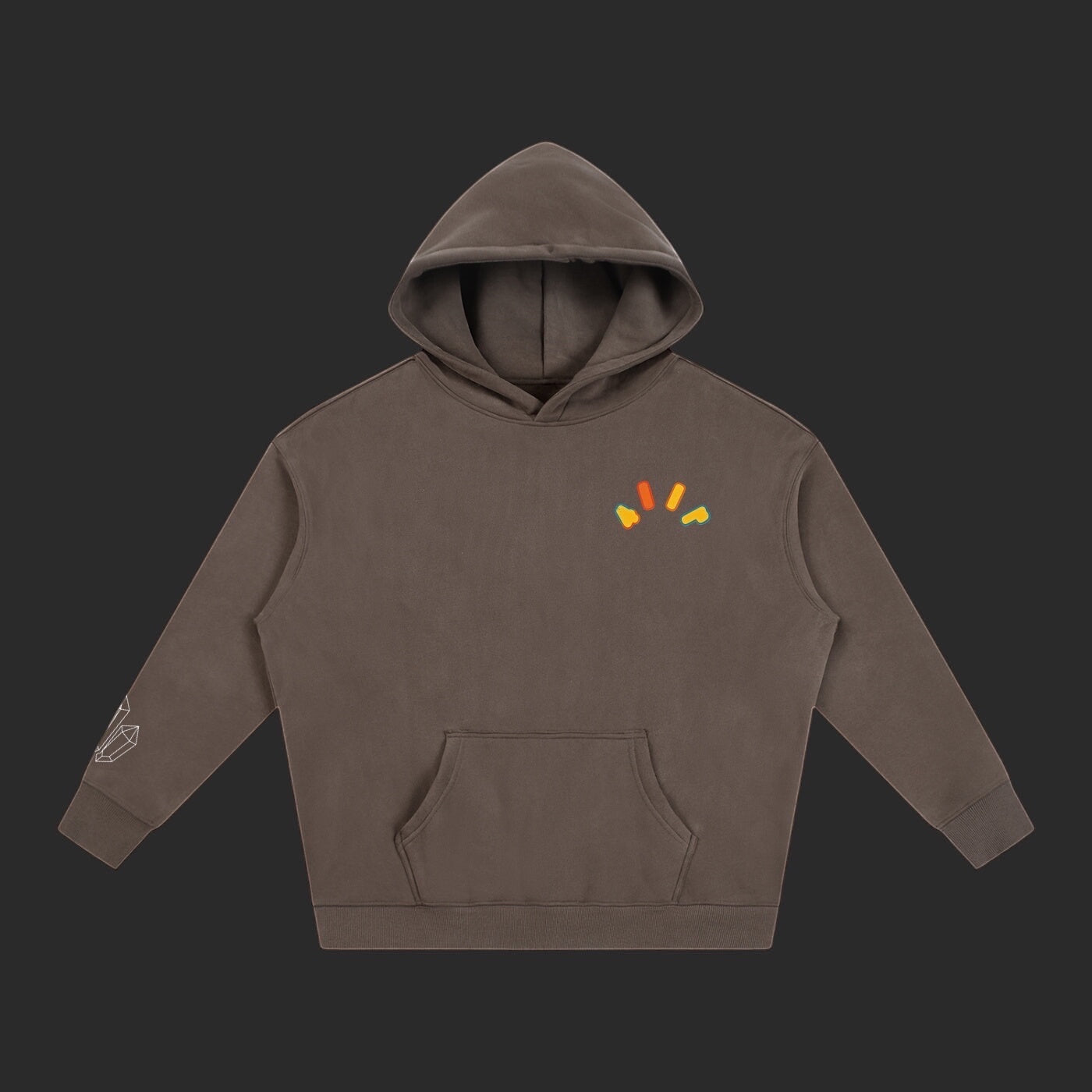 4iir Crystal Lava hoodie in dark brown with a small colorful lava graphic on the chest and crystal print on the sleeve