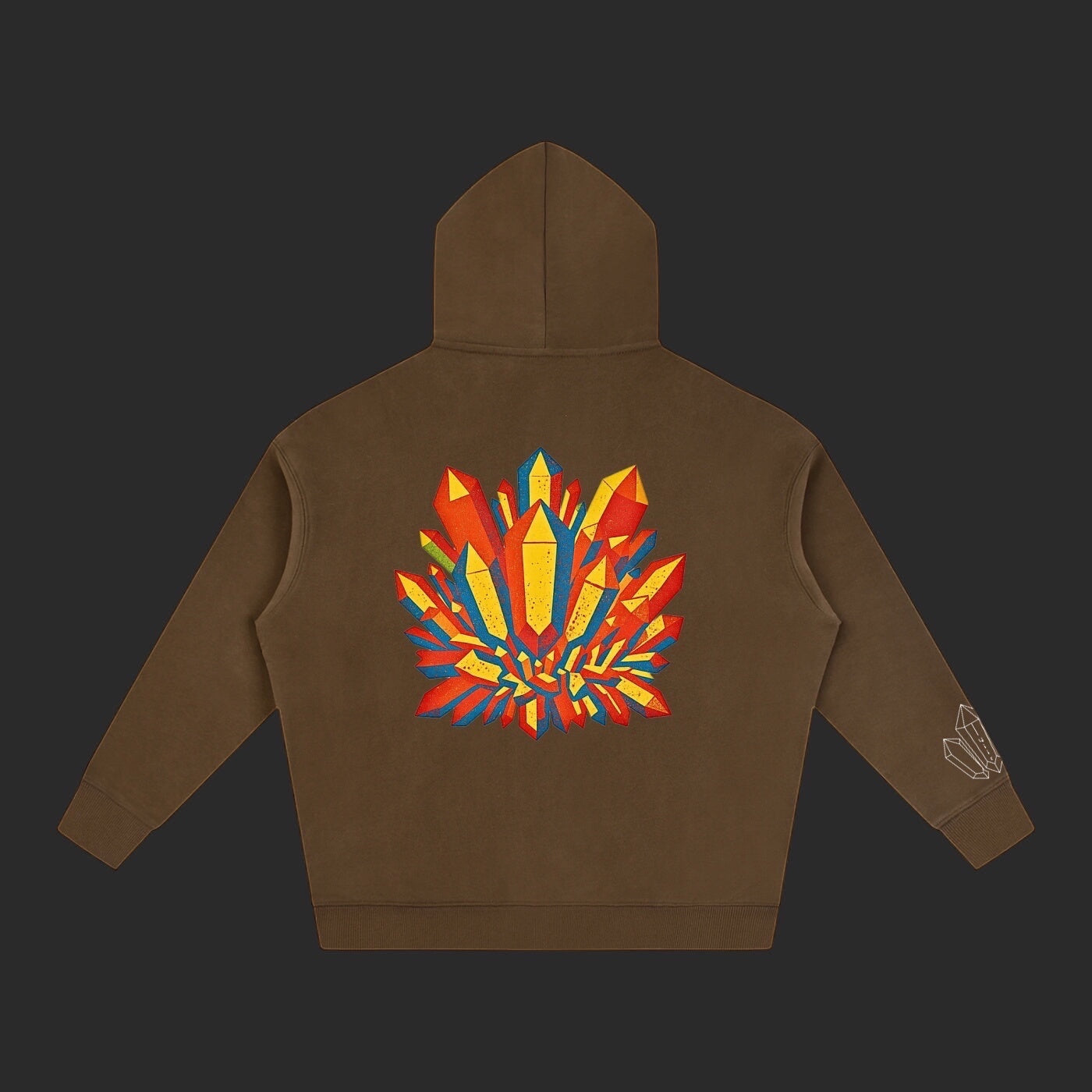 4iir Crystal Lava hoodie in brown featuring a vibrant, multi-colored crystal graphic on the back.