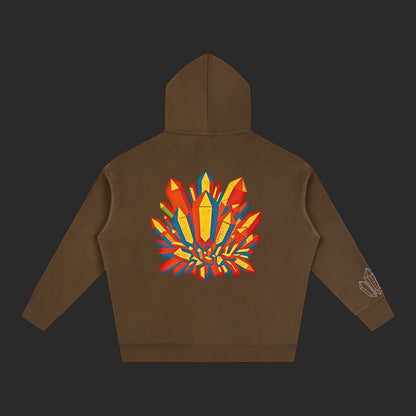 4iir Crystal Lava hoodie in brown featuring a vibrant, multi-colored crystal graphic on the back.