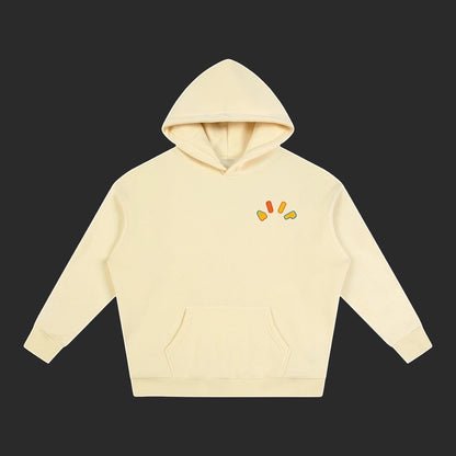 4iir Crystal Lava hoodie in cream cotton blend with a small colorful volcanic graphic on the chest and front pocket.